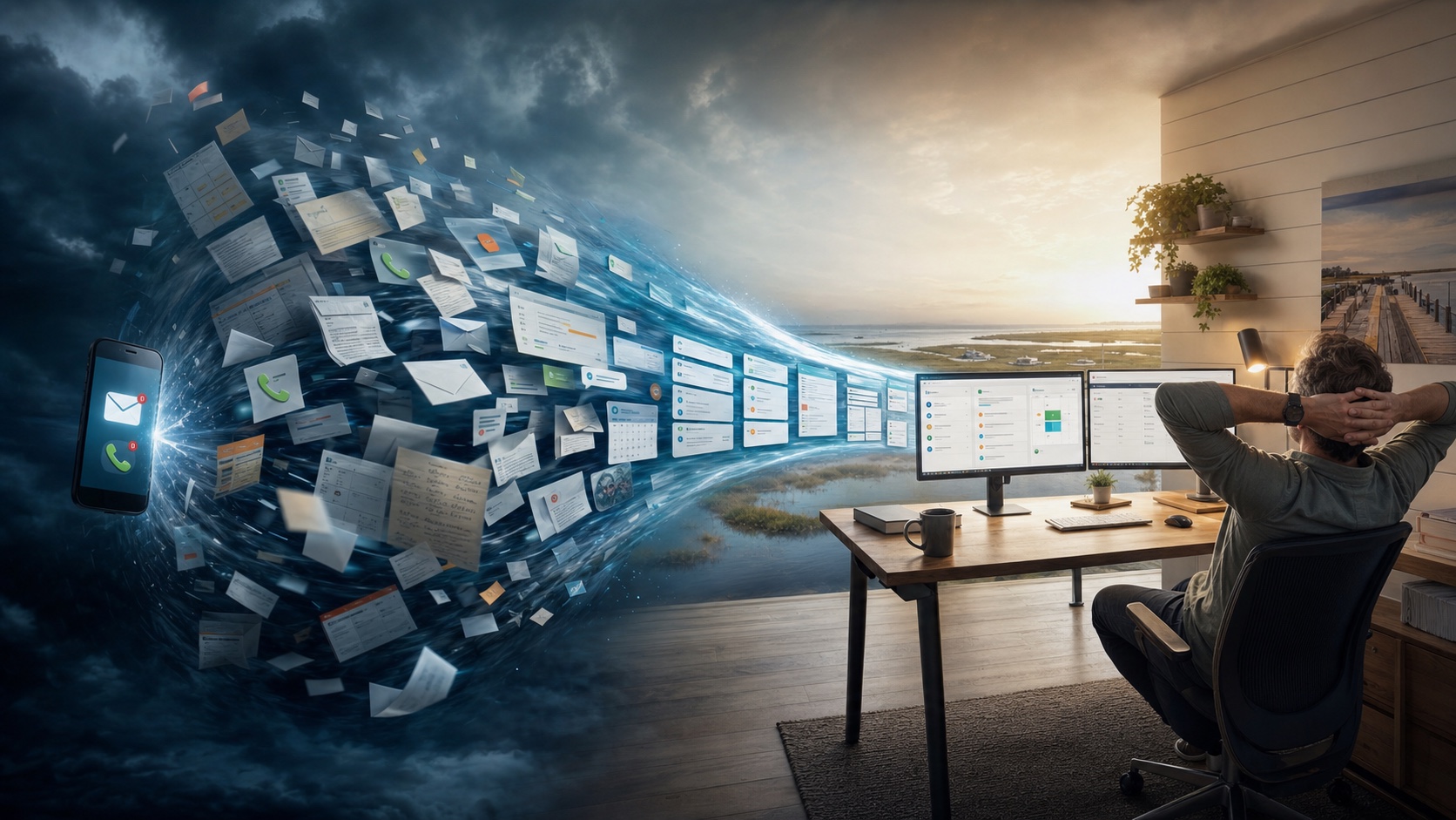 A storm of incoming calls, emails, forms, and notes becoming a calm, organized small-business office